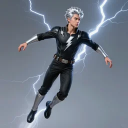 hyper - realistic photo superhero wearing a black uniform with a lightning emblem on his chest silver hair silver armbands and shin guards, flying, lightning, epic, highly detailed, well composed, in the style of clyde caldwell