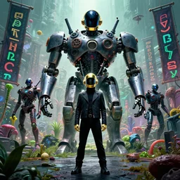 daft punk standing in front of a gigantic robot army, cyberpunk futuristic alien landscape, weird plants, banners covered with alien writing glyphs, by Małgorzata Kmiec