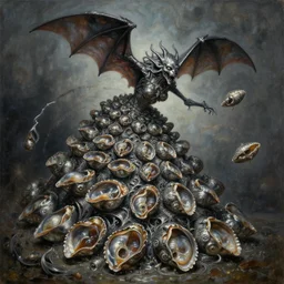 oil painting nightmare macerated metal chromed epic tiered waving mollusks via bat winged throwing at 4 0 degree yaw, cinematic, fine art, ornate masterpiece by geof darrow, hyper detailed by shigeru komatsuzaki