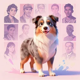 a dreamy otherworldly 3 d render key shot of australian shepherd, pixiv fanbox, dramatic lighting, maximalist pastel color palette, splatter paint, pixar and disney exploded - view drawing, graphic novel by fiona staples and dustin nguyen, peter elson, alan bean, wangechi mutu, clean cel shaded vector art, trending on artstation