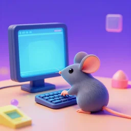 A mouse is working on a computer detailed, colorful, 4k, in the style of retro future,