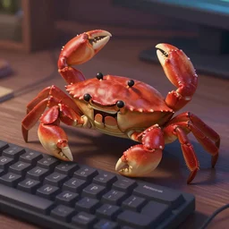 a crab standing next to a computer keyboard, realistic, trending on artstation, digital painting, nendroid, anime, disney, pixar, 8 k, hd, dof, kodak film, volumetric lighting, subsurface scattering, photorealistic, octane render, extreme details