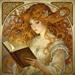an hyper intricate oil painting of a girl reading a book!!!!!, hyper detailed hair flowing down, excellent composition, by yoshitaka amano, by greg rutkowski, by alphonse mucha, by rhads, by ross tran, trending on artstation
