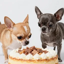 one small, light brown chihuahua with a white diamond on her forehead, and a slightly bigger, dark grey chihuahua with a slight underbite and a concerned face fencing over food on a dessert island