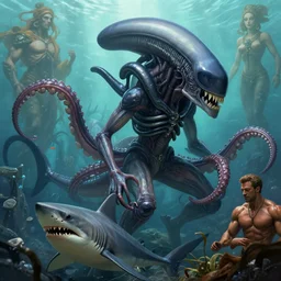 returnal biome, monster, underwater xenomorph alien mixed with sharks extra teeth, tentacles, highly detailed, digital painting, artstation, concept art, smooth, sharp focus, illustration, unreal engine 5, 8 k, art by artgerm and greg rutkowski and alphonse mucha and ifbb pro fitness photograph