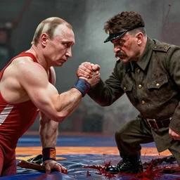 arm wrestling ( ( vladimir putin ) ) vs ( ( iosif stalin ) ), hyperrealistic, digital concept art, caricature illustration, bloody, violent. horror. art by gaston bussiere