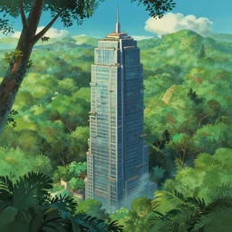 big skyscraper levitate over the jungle, ghibli style