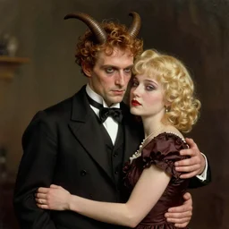 colorful portrait of satan hugging a blonde friend, 1 8 0 0 s victorian photo, hand coloured photo, cinematic lighting, atmospheric, realistic, octane render, dramatic lighting, highly detailed, cinematic, by joel peter witkin and hieronymus bosch