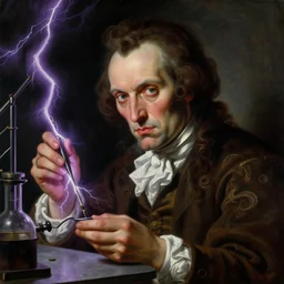 a baroque neoclassicist close - up portrait of a retrofuturistic evil mad scientist experimenting in a dark laboratory with purple lightning. renaissance portrait painting. highly detailed science fiction painting by norman rockwell, frank frazetta, and syd mead. rich colors, high contrast, gloomy atmosphere, dark background. trending on artstation
