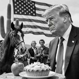 donald trump as clint eastwood squinting at high noon, the good, horse, cactus, the bad and the ugly, abraham lincoln, clint eastwood, steven seagal, vibe, bud spencer, donald trump, glory days, justice, american flag, patriotism, apple pie, black and white, hyper realistic, detailed, photo, artgerm, trending on artstation