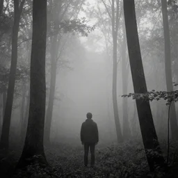 someone behind the trees in misty forest, monochrome, analogue photo quality, fade, cinematic, 35mm
