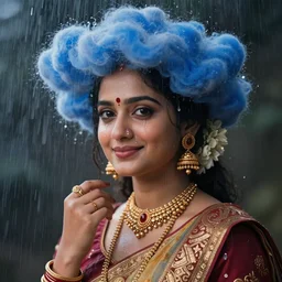 A blue cloud on the head of a beautiful Indian princess, tears instead of rain, a gentle smile