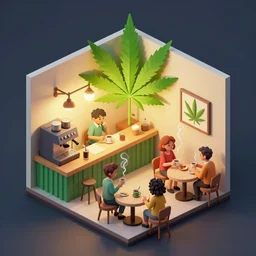 isometric cartoon of cannabis leaf cafe, coffee machine, people drinking coffee and smoking cannabis, tables and chairs, by benoit mandelbrot, low poly cute minimal interior design concept art illustrated by anni albers