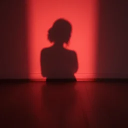she sees her own shadow cast in red light, it is outlined on the floor below her