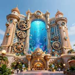 exterior huge clean architecture, bright, huge steampunk london gears, digital art, royal atlantis underwater palace, a lot of lights and people, magical fantasy and vibrant, trending on artstation