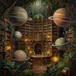 an infinite library filled with floating ringed planets, fancy library, cozy, lanterns, nature, plants, vines, fantasy, highly detailed painting by gaston bussiere, craig mullins, j. c. leyendecker 8 k