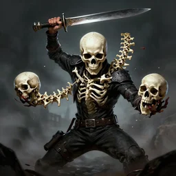 man wielding blade coming out of a skull and a spine whip coming out of a skull with skulls in hands, dramatic pose, 8 k, cinematic illustration, trending on artstation