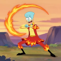 squidward with [ [ [ [ [ [ four legs ] ] ] ] ] ] wearing fire nation clothing and practicing firebending outside at susnset, [ greg rutkowski ]