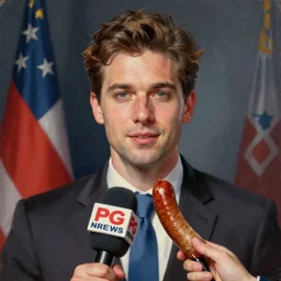 a painting of a handsome news reporter with a symmetric face interviewing with a sausage as a microphone, a frankfurter sausage as microphone, breaking news