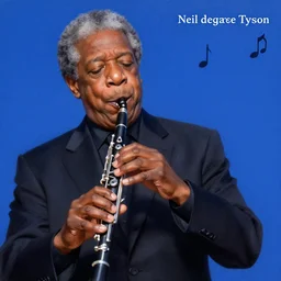 realistic matte painting of neil degrasse tyson playing clarinet, blue notes album cover