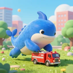 adorable anthropomorphic gigantic cerulean furry leviathan monster, playing with a small firetruck, in a park surrounded by a city, high high high quality