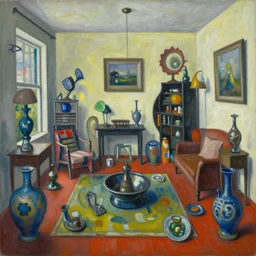 a painting of a confusing room filled with unusual artifacts, an airbrush painting by breyten breytenbach, cgsociety!, neo - primitivism