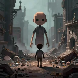 a homonculus wanders through the wastes of an ancient city, pixel art, ultra detailed, eerie lighting, foggy, deep shadows