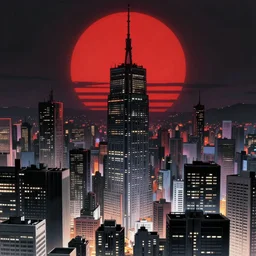 tetsuo over neo - tokyo, silhouetted by a red sun | anime, matte painting, dystopian megacity neo - tokyo akira, shaded perfect, fine details. realistic shaded lighting anime manga artwork by katsuhiro otomo, akira, artgerm, jeremy lipkin and michael garmash and rob rey