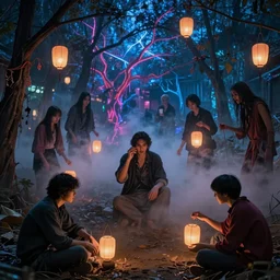 hell, people suffering, evil spirits roam with lanterns, psychedelic lights and fog, zdzislaw, ayami kojima, yamamoto, barclay shaw, karol bak, hyperrealist, 8 k