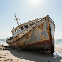 incredibly detailed image of wrecked boat on shoreline, backlighting