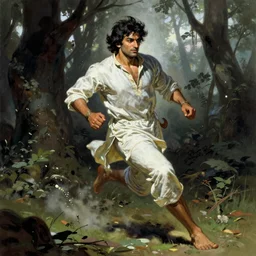 A beautiful pakistani man running in the forest by Frank Frazetta, Greg Rutkowski, Boris Vallejo, epic fantasy character art, Exquisite detail, post-processing, low angle, masterpiece, cinematic