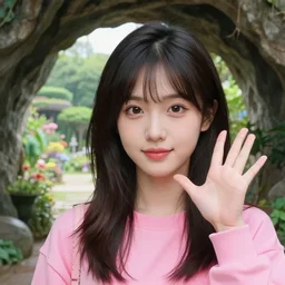 a girl in pink waving to you, background of a cave entrance where can see a beautiful garden | very very anime!!!, fine - face, audrey plaza, realistic shaded perfect face, fine details. anime. very strong realistic shaded lighting poster by ilya kuvshinov katsuhiro otomo ghost, magali villeneuve, artgerm, jeremy lipkin and michael garmash and rob rey