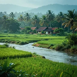 a cinematic landscape of a kerala village, paddy fields and river flowing, 1mm lens, cinematic, dreamy, volumetric lighting