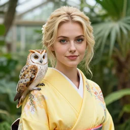 portrait photograph of an extremely beautiful!!!! young blonde female. 3 5 mm. bokeh!!!. symmetric face!. round detailed eyes!!, slight smile. natural light. wearing a yellow!!!!!! kimono!! with a very detailed barn owl! on her shoulder in a tropical greenhouse. looking at the camera!!. super resolution. art by alesio albi and alphonse mucha and ilya kuvshinov