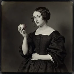 a woman in a black dress holding an apple, a still life by Hugo van der Goes, featured on cg society, art photography, pre-raphaelite, ambrotype, calotype
