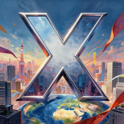 an epic comic book style painting of the uppercase letter x towering over the world, the letter x, giant font, massive lettering, future tokyo cityscape with ribbons, colorful banners and cursive ribbons, masterpiece, octane render, extreme details, trending on artstation, dynamic lighting