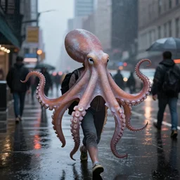 an faint octopus walk in NYC street in a rainy day among other people, led lights around the place, digital painting, ultra detailed, unreal engine 5