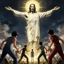 A giant Jesus christ like a titan attacking humans,  matte fantasy painting, DeviantArt Artstation, by  Jen Zee and Tatsuya Yoshikawa  by Utsurowazaru Mono  by Tatsuya Yoshikawa  by Hajime Isayama, cinematic lighting