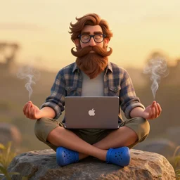 a handsome white male, long brown beard, oversized brown mustache, glasses, blue eyes, plaid shirt, cargo shorts, blue crocs : : sitting on a large rock, meditation pose, apple laptop in his lap, golden hour, wisps of smoke, mystical yet whimsical. digital art, trending on artstation, highly detailed