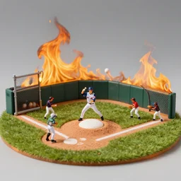 miniature baseball diorama, on fire