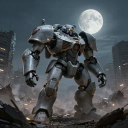 a very big grey giant mechanical weapons battle armor mechwarrior in the middle of war - torn battlefield of a crumbling city, dim sky, very big moon, some smoke, a little bit yellow lights, artstation, concept art, smooth, sharp focus, vivid grunge, illustration, superior quality,, 8 k, cinematic lighting, octane render, wide angle, by bilibin,
