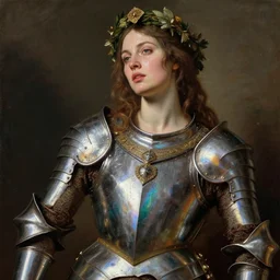 sweating, seductive saoirse ronan, wearing rainbow metal medieval armour, posing seductive, looking seductively, ornate wreath, oil painting by titian, hard focus