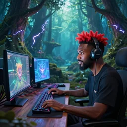 a professional digital art of vinny vinesauce streaming and playing computer games from an enchanted forest, sharp lightning, very detailed, backlighting, fantasy art by kawacy, by ken sugimori, fan art