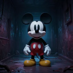 photo of an anthropomorphic creepy scary mickey mouse in the backrooms, wide angle