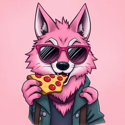 pink anthropomorphic cartoon wolf wearing sunglasses with a slice of pizza by caitlin hackett