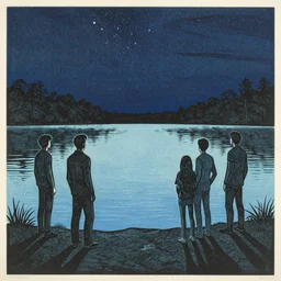 standing in a lake looking at a reflection of the night sky by woodblock print, nicolas delort, moebius, victo ngai, josan gonzalez, kilian eng