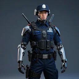 portrait of a flying jet pack police officer from the year 2 0 5 0, futuristic, cyberpunk, cybernetic enhancements, studio photography portrait