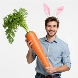 smiling man with bunny ears holding biggest in the world carrot, photo from farming magazine