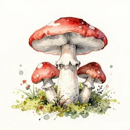 jean - baptiste monge water color on white paper watercolor sketch of mushrooms hard edges, pencil lines, drips, runs, spatter, details. moss, tiny flowers. red. jean - baptiste monge!!!!!