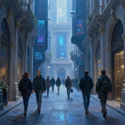 hyperrealistic and beautiful painting of an alley way within a grand city, wanderers traveling from afar, man dressed in techwear, classical architecture, technological lights, screens, cyberpunk style, 8 k resolution, by hugh ferris and john smith, polished, fine detail, intricate, blue color scheme, cyberpunk style, smooth, octane, concept art, trending on artstation
